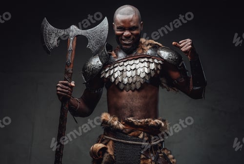 Preview: Rabid african warrior in steel armor and fur wielding an axe in studio
