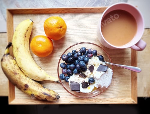 Preview: Delicious Fruits and Creamy Treat on Wooden Tray