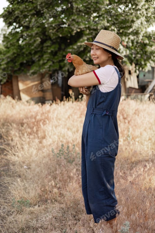 Preview: The farmer hugs a hen. pleasant asian woman is hugging a cock in countryside.