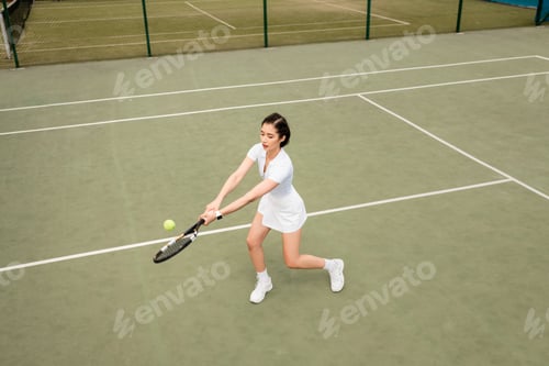 Preview: forehand, overhead view of female player in active wear playing tennis, racket and ball, sport