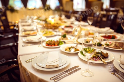 Preview: Wedding table in the restaurant decorated with white candles and flowers.
