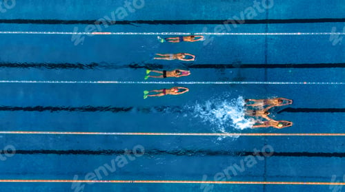 Preview: group of swimmers training in an outdoor pool top view