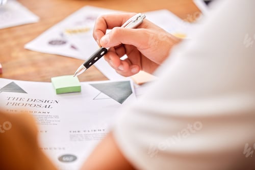 Preview: Planning, strategy and hands of an employee with a proposal for analysis, reading and information.