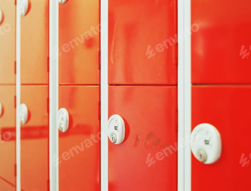 Preview: A vibrant array of red and white lockers with focus on locker number 1502.