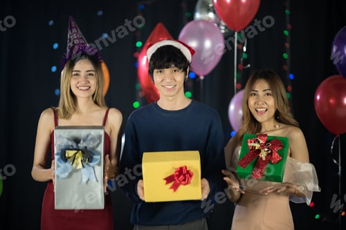 Preview: Asian friends person group happy to celebrate party, having fun and smiling together