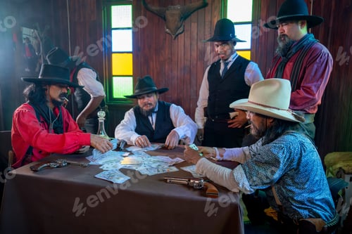 Preview: Close up view group of cowboy men enjoy to play card in room together and someone is smoking