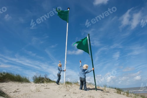 Preview: Two little brothers with flags by sea