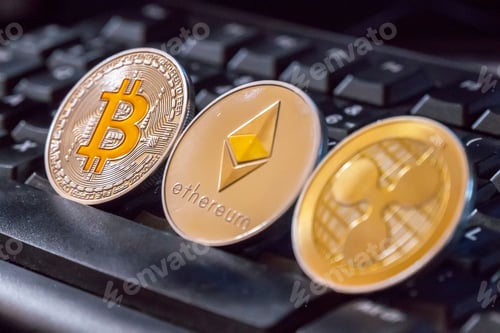 Preview: Closeup of crypto coins on a black keyboard - concept of money and finance