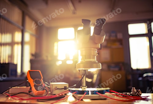 Preview: Modern microscope, connectors component and large green microcircuit in workshop laboratory