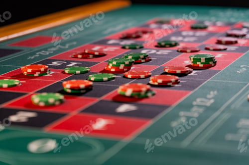 Casino Roulette Table with Red and Green Chips