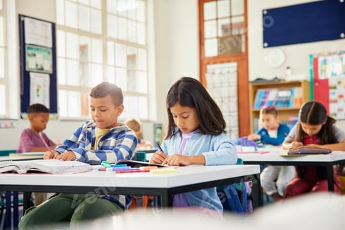 Preview: Elementary students studying in classroom during a test