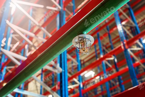Preview: Fire sprinkler in a large warehouse with metal shelving