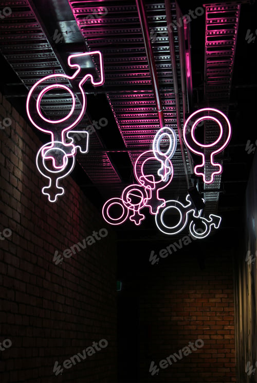Preview: Neon gender symbols - a combination of Mars (male) and Venus (female)