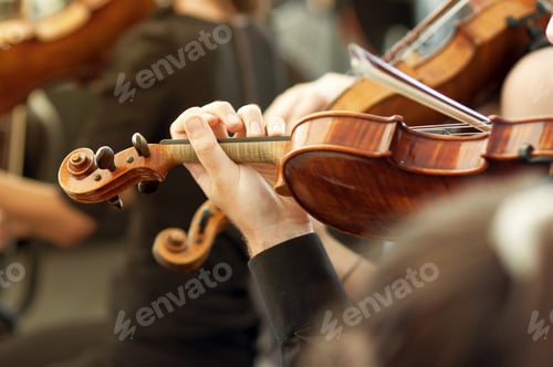 Preview: Member of classical music orchestra playing violin on a concert
