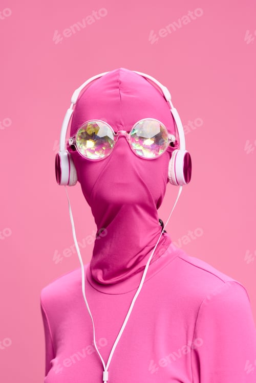 Preview: Art portrait of a woman wearing a pink full-face burglar mask with glowing round glasses wearing