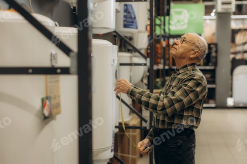 Preview: Senior man measuring water heater in hardware store