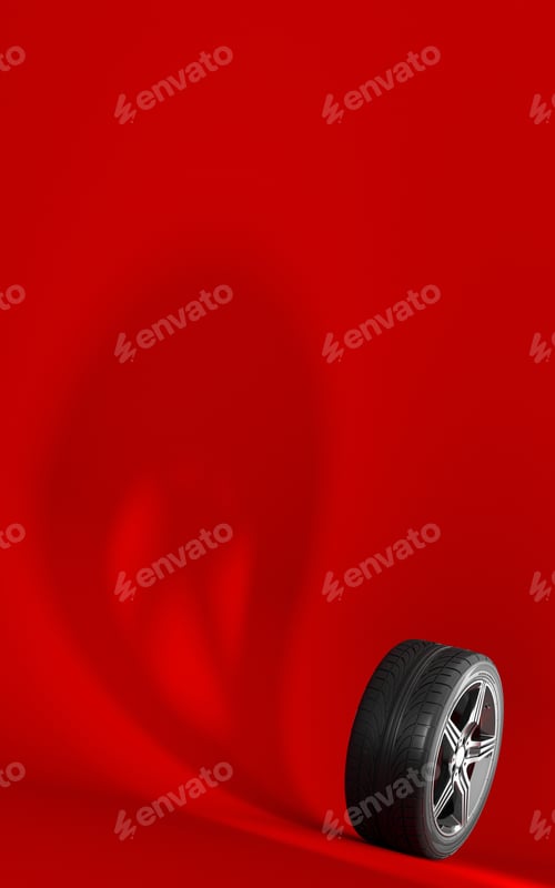 Preview: Car wheel isolated on a red background. Tyre. Poster booklet cover design. Ghost shadow