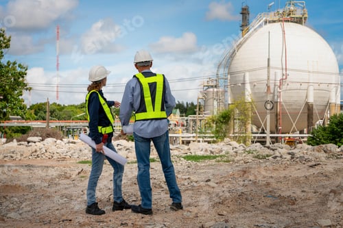 Preview: Team Petroleum chemical engineer discussion about blueprint drawings inside Oil Refinery