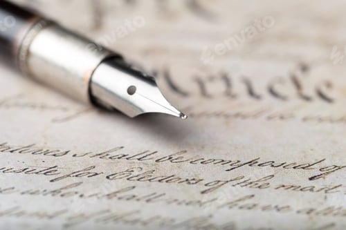Preview: Writing with a fountain pen on aged paper with ink droplets at a desk setting during daytime