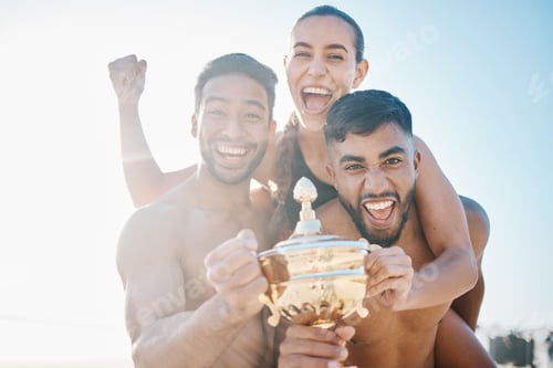 Preview: Winning, portrait and volleyball team on the beach with a trophy for goals, success or achievement.