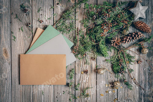 Preview: Flat lay Christmas composition with letters on a wooden surface.