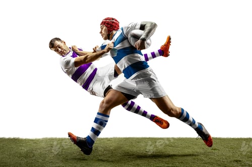 Preview: The silhouette of two caucasian rugby male players isolated on white background
