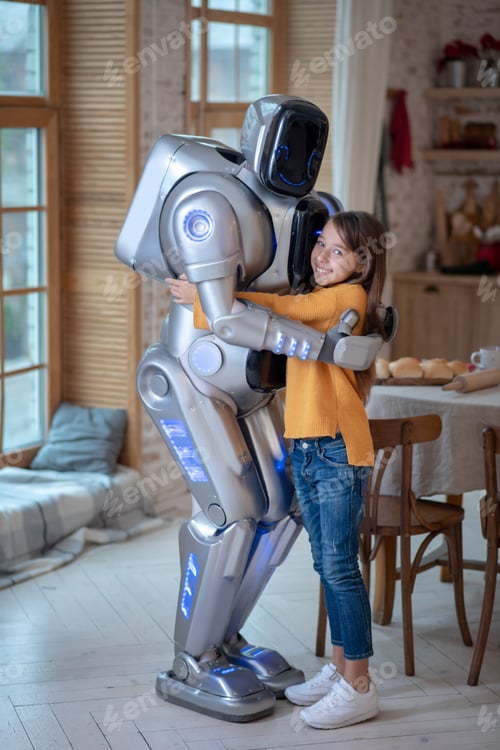 Preview: Robot and girl feeling good together at home