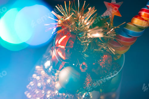 Preview: Christmas holiday background with festive decor bokeh shot