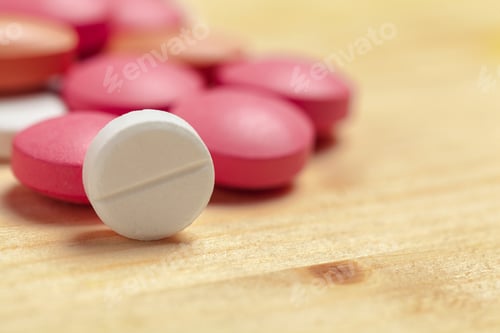 Preview: Assorted pharmaceutical medicine pills, tablets on wooden background