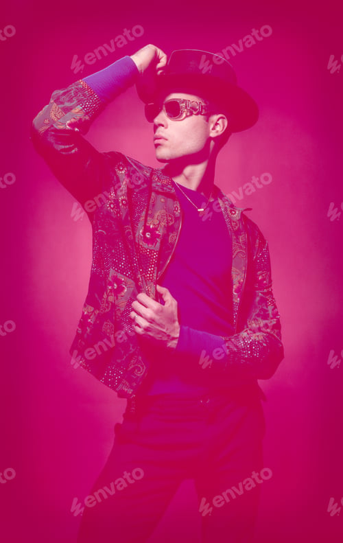 Preview: One Young Adult Man Model, Fashion Photography, Pink Red Color, Effect Filter