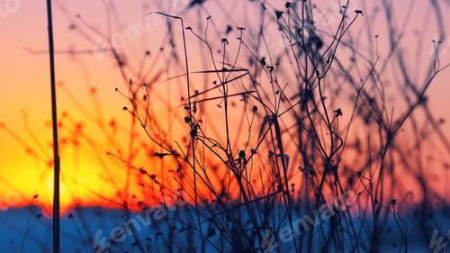 Preview: silhouette of dried flowers and plants on a background sunset