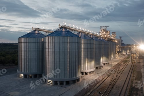 Preview: Illuminated Grain Silos and Industrial Elevator at Night with Railway Tracks Modern Agriculture