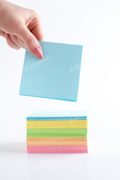 Preview: front view colorful paper stickers taken by female on white background color copybook note school