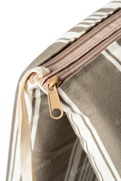 Preview: Close Up of Striped Zipper on Tan and White Tote Bag