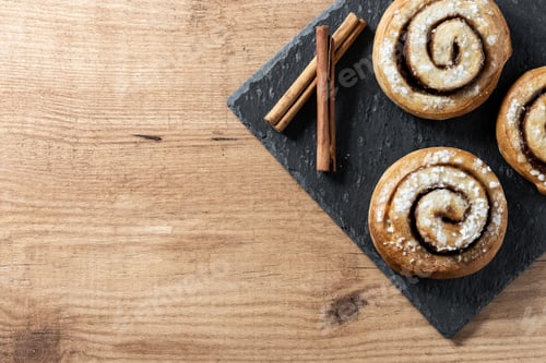 Preview: Cinnamon rolls buns on wooden table. Kanelbulle Swedish dessert