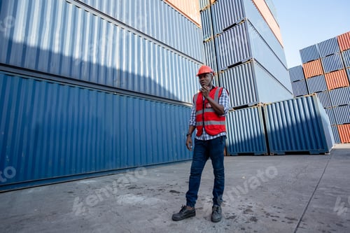Preview: Black male african american engineering in uniform walkie talkie checking containers loading.
