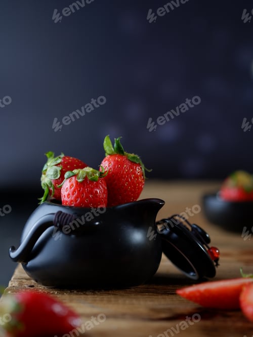Fresh Red Strawberries in a Black Ceramic Bowl