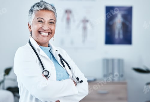 Preview: Portrait, happy and elderly woman doctor proud in hospital, excited and laugh for healthcare innova