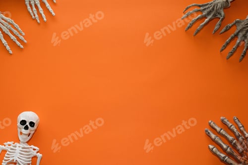 Preview: Orange background for Halloween with skeletons and a copy space