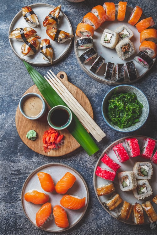 Preview: Sushi and rolls sets. Japonese food. top view