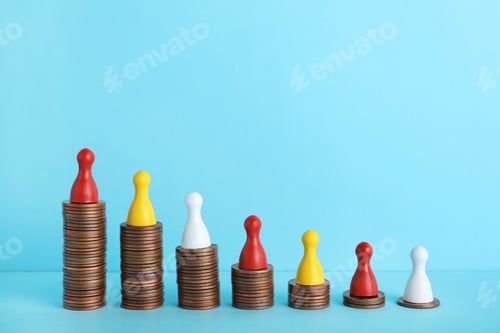 Preview: Multicolored pawns standing on coin stacks against color background, space for text. Victory concept