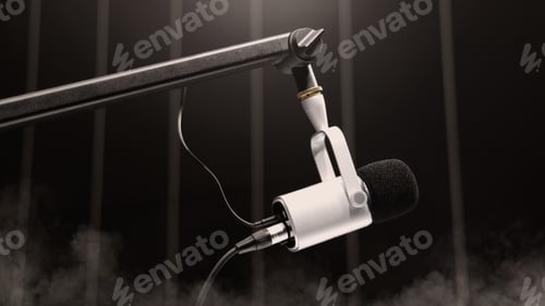 Preview: Microphone in studio. Professional studio microphone with a pop filter is suspended boom arm and studio lights. Set up mic for podcast voice over or recording high quality sound audio in a controlled.