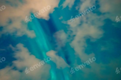 Preview: Aurora northern lights and stars in Lofoten islands, Norway. Sky with polar lights at night