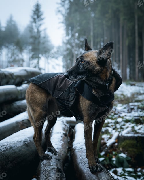 Preview: Adorable brown canine wearing a stylish backpack stands atop a pile of logs.