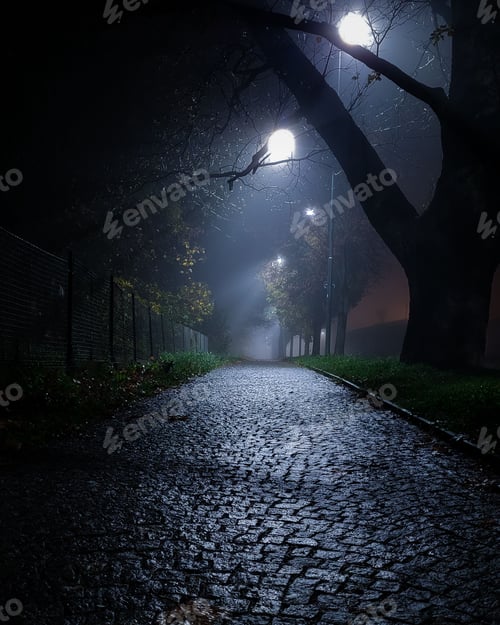 Preview: Vertical shot of wet cobblestone road by the park illuminated by lanterns at night