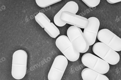 Preview: Closeup of medicine tablets on a grey surface