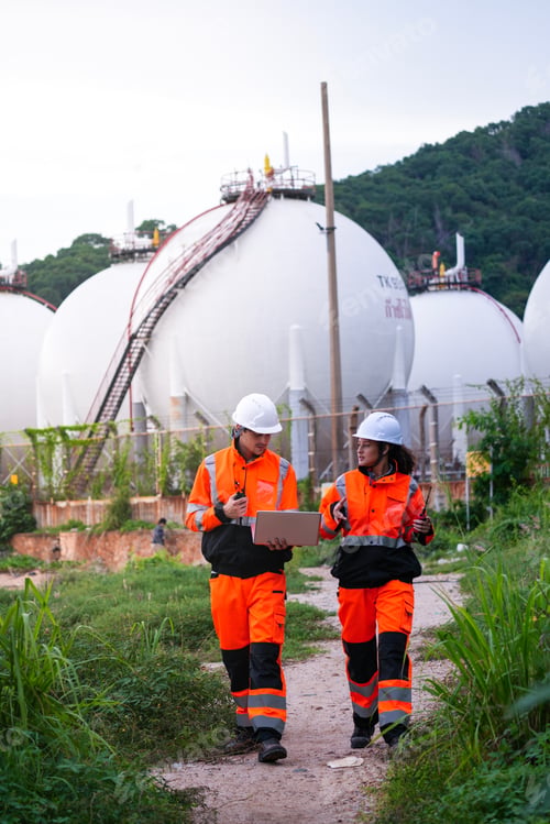 Preview: wo engineers in high-visibility safety gear and hard hats discuss project plans