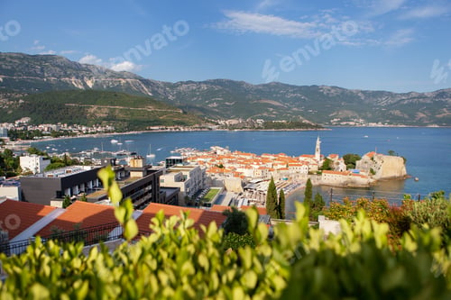 Preview: Aerial view of the old town of Budva, the Adriatic sea and mountains.