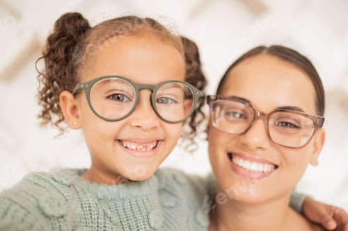 Preview: Woman with glasses, eye care for child and frame lens with happy girl face and vision accessory for