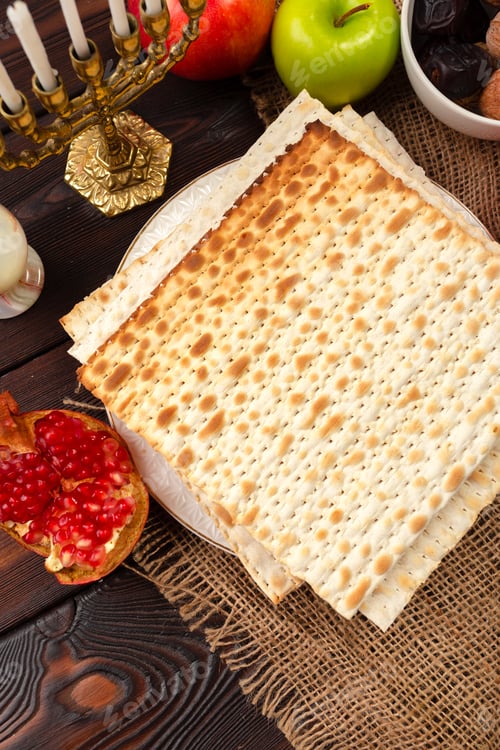 Preview: Jewish holiday Passover banner design with wine, matzo on wooden background.